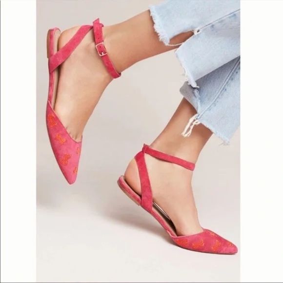 SOLD Anthropologie size 7 Pointed Toe Embroidered Bow Ballet Flats - Picture 4 of 8